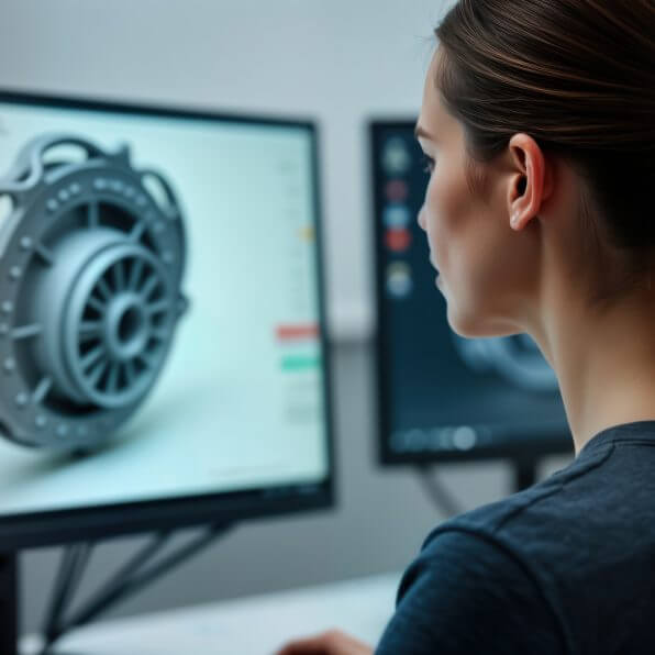 Female engineer works on 3D mechanical model on computer screen. Focuses on computer monitor with design software, creates mechanical part model. Modern workplace with tech equipment, industrial