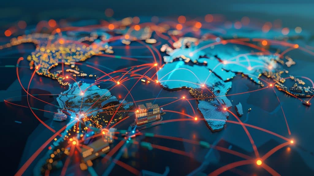 A global supply chain map, visualizing the complex network of transportation routes and distribution centers.