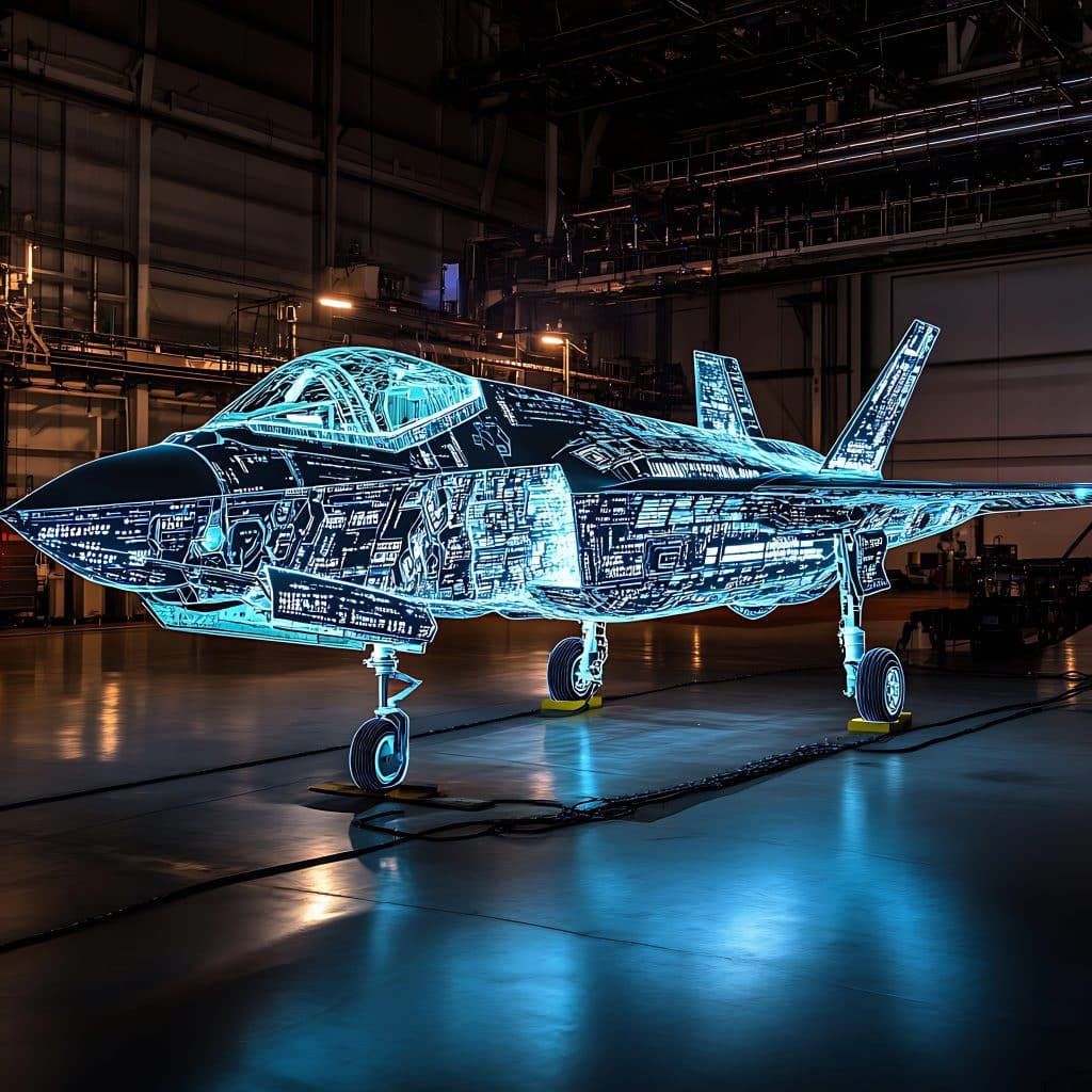 Futuristic F-35 fighter jet made entirely of digital code