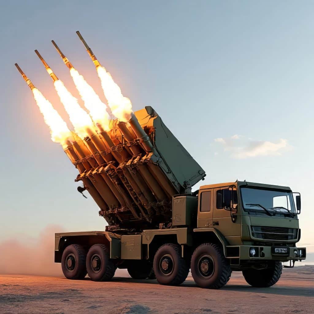 Olive Green Rocket Launcher Truck Firing Missiles Against a Clear Blue Sky