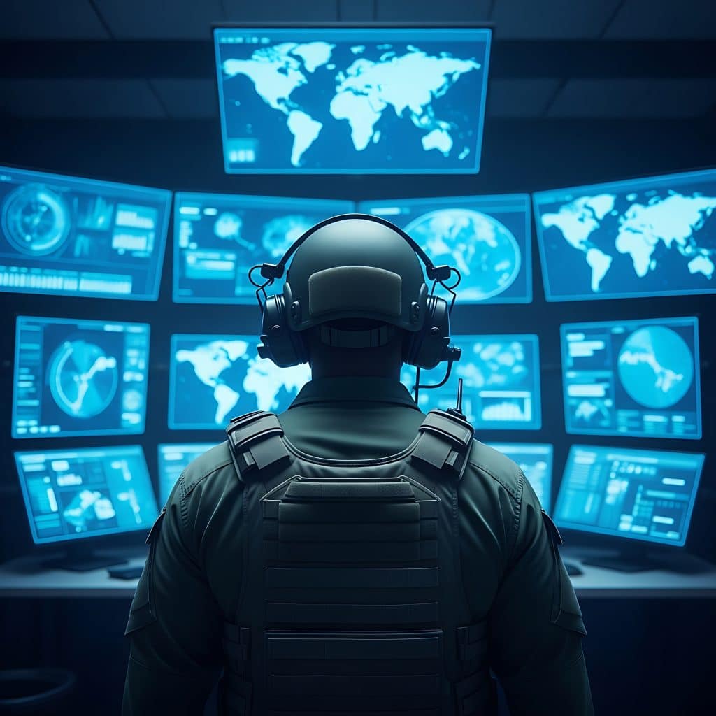 Futuristic soldier equipped with communication headset surveys a wall of digital screens displaying real-time global tracking information.