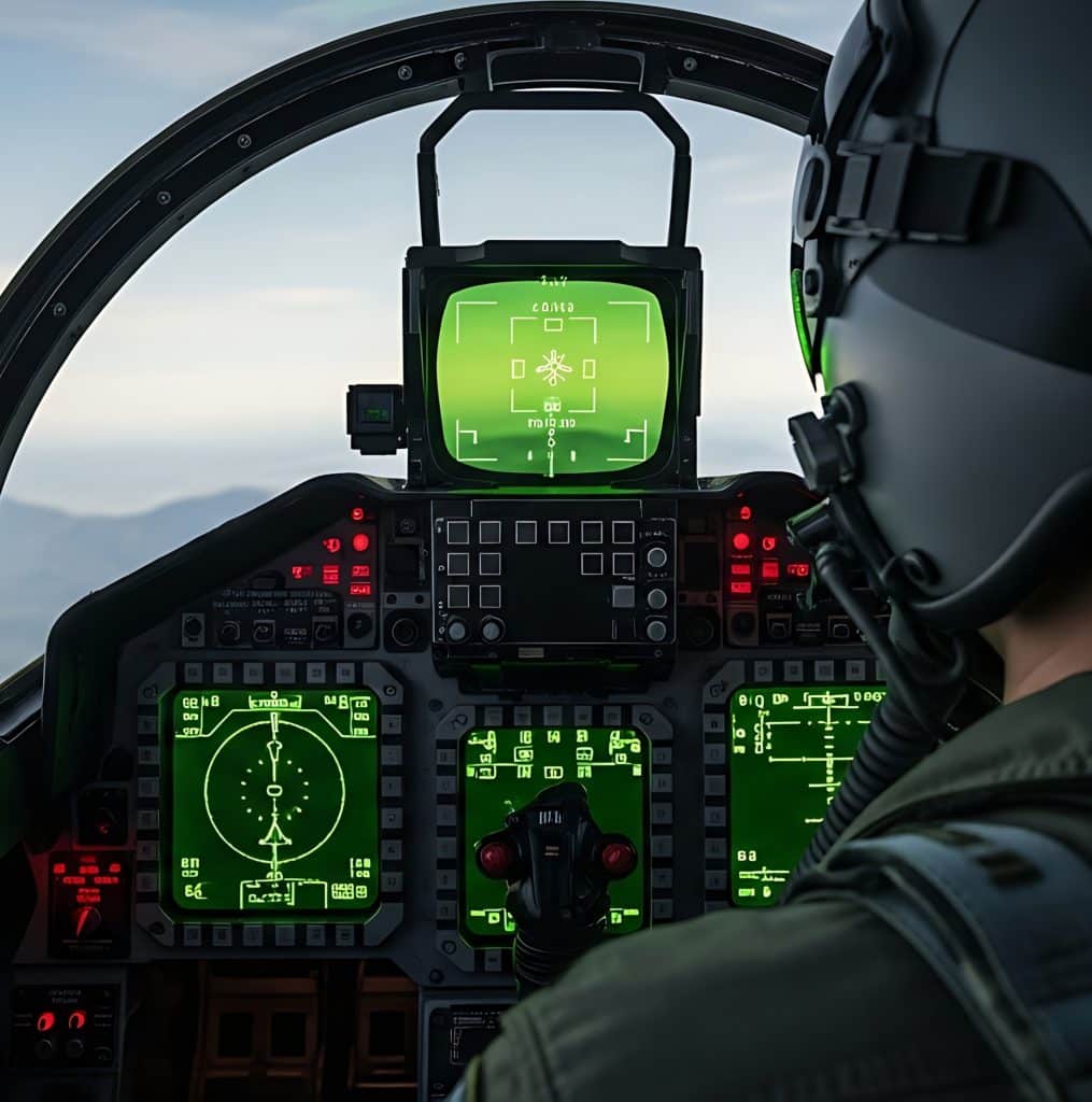 Pilot's perspective from inside a fighter jet cockpit, showcasin