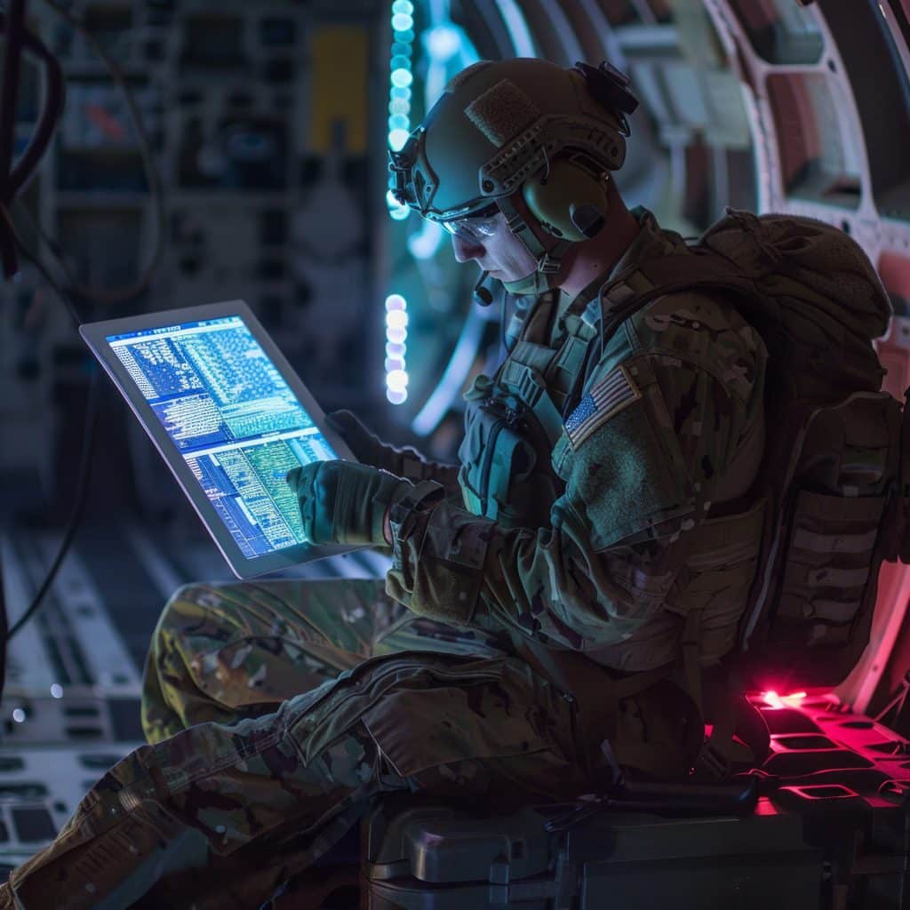 A US soldier is using a tablet computer