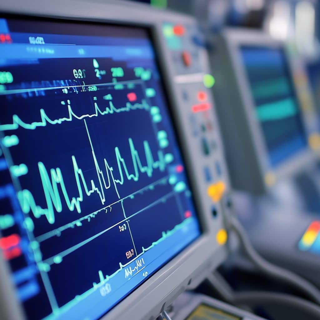 Close-up of a medical monitor displaying vital signs in a clinical setting.