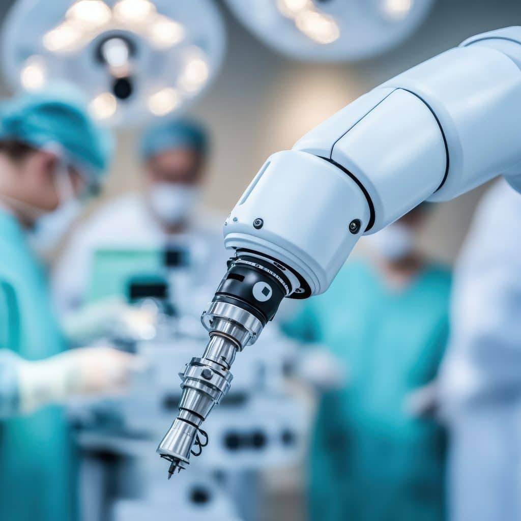 A robotic surgical arm assists in a modern operating room, symbolizing advancements in medical technology and precision.