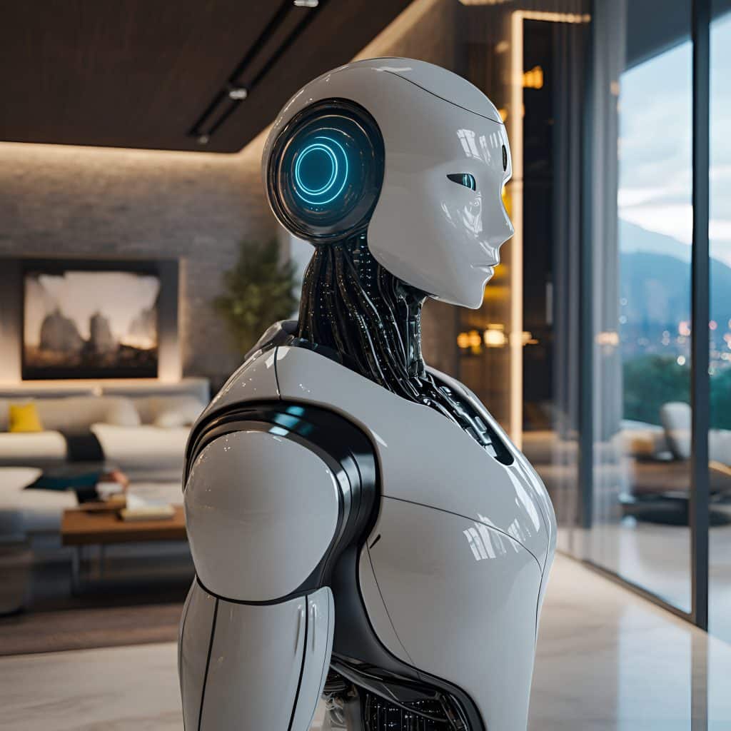 Futuristic Companion: A sleek, humanoid robot stands confidently, gazing thoughtfully towards an open window framing a picturesque urban skyline.