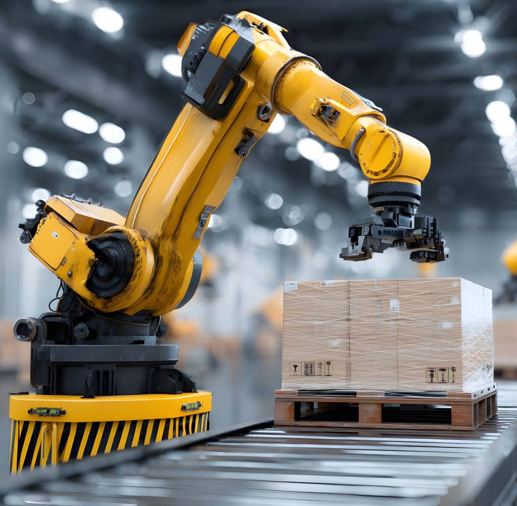 A robotic arm loads and moves boxes in a warehouse setting.Wareh