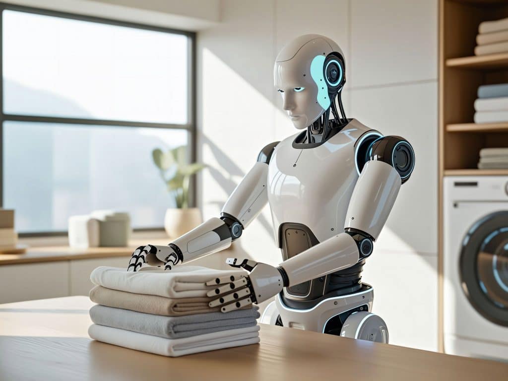 Humanoid domestic household robot folding clothes in the laundry room. Cleaning and caring for clothes. Clothing and washing machine in a utility room. Android. Generative AI