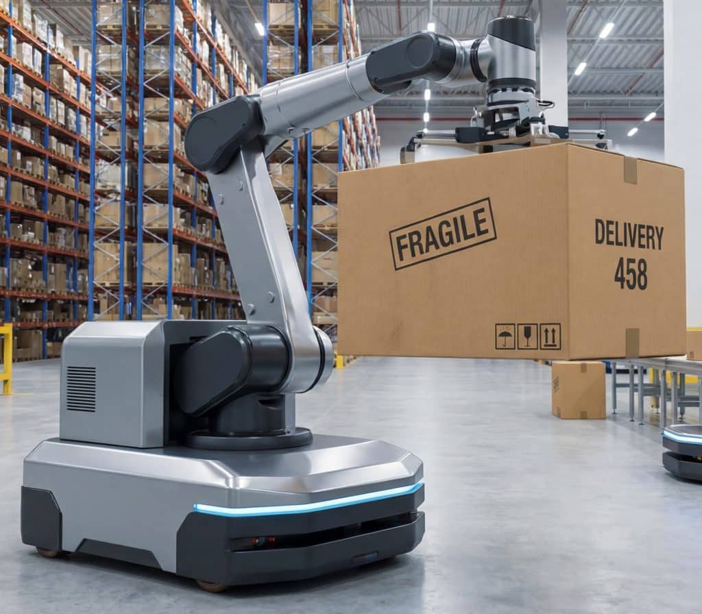 A robot arm picks up a box labeled fragile in a busy warehouse. The space has shelves filled with packages and other delivery robots moving around