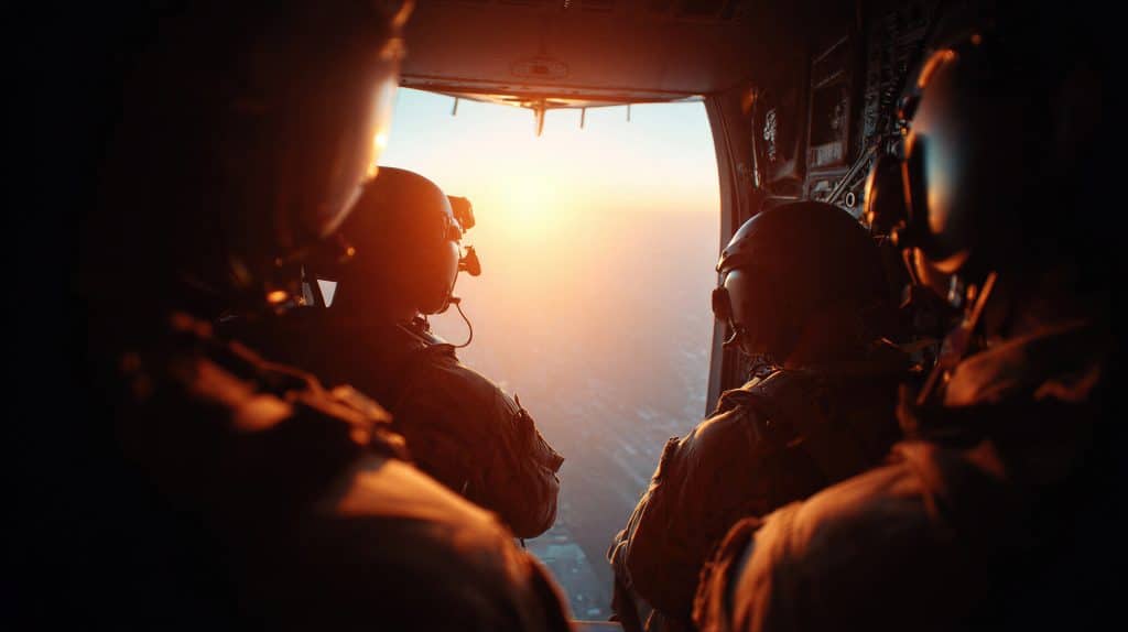 Soldiers looking at sunset from inside military helicopter. Armed forces crew flying over landscape. Danger and mission concept in war zone. Military aviation transport during sunset.