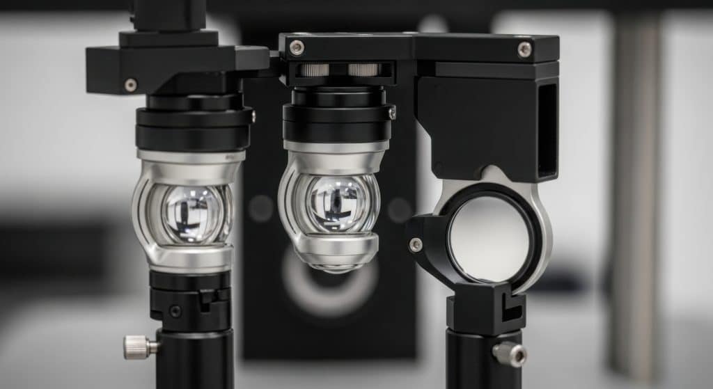 A close-up view of a high-precision optical laboratory instrument featuring multiple glass lenses and polished metal mounts secured on black vertical support rods in a controlled research setting.