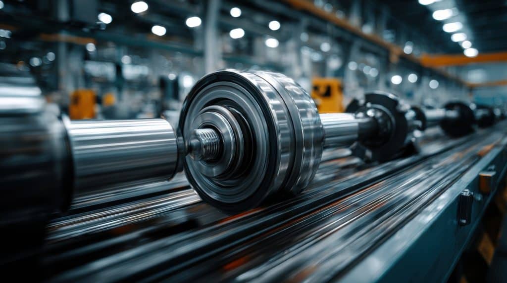 A conveyor belt moves metal parts in a busy factory during daytime with workers present in the background