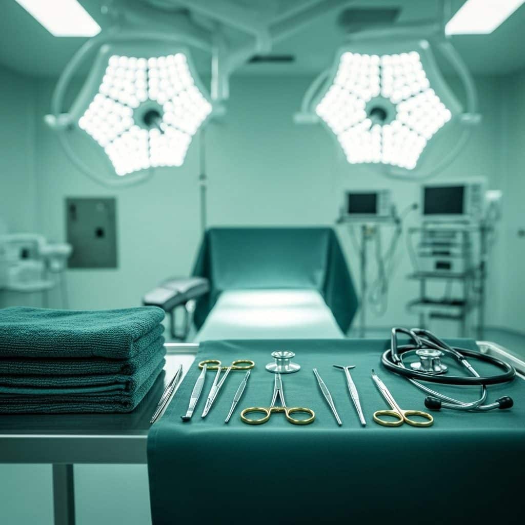 Surgical operating room prepared with sterile instrument tray, overhead lamp, and patient table ready for procedure