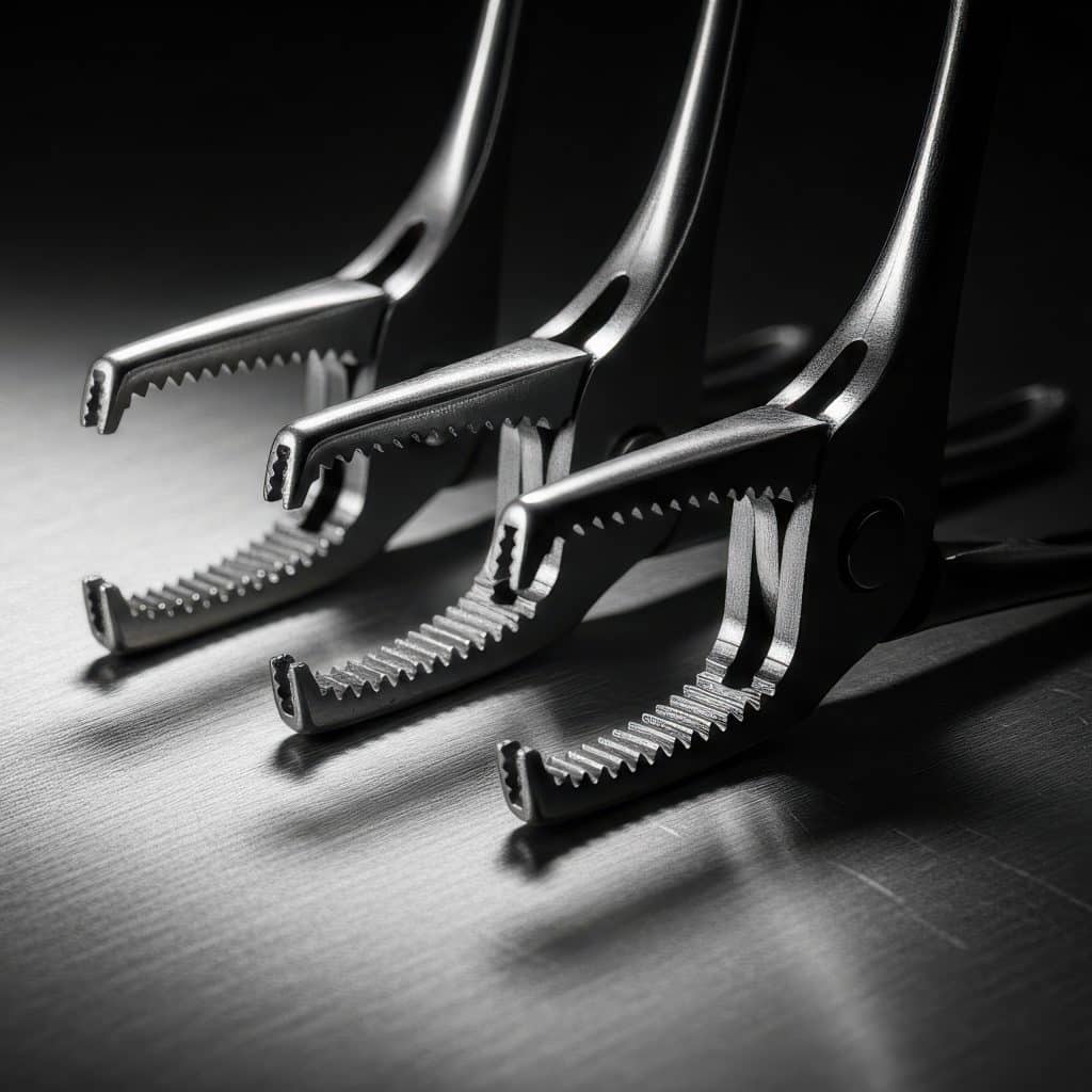 Sterile Surgical Steel Instruments Lined Up