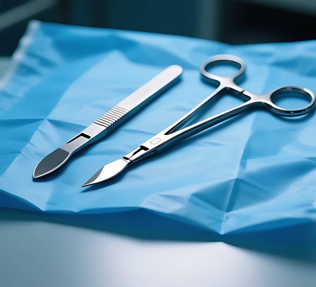 Close-up of a scalpel and forceps placed on a blue sterile drape