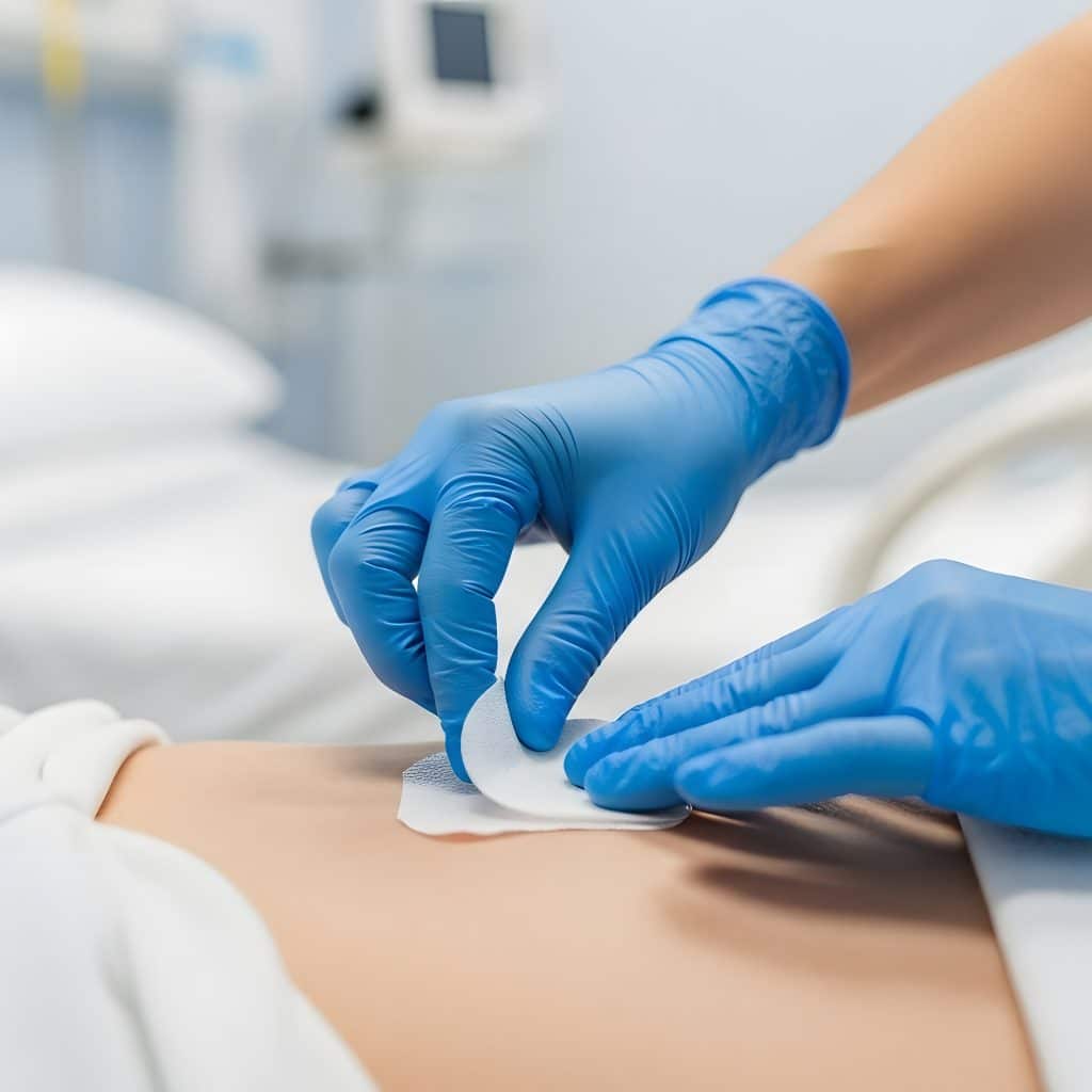 Healthcare professional applying a wound dressing as part of pre