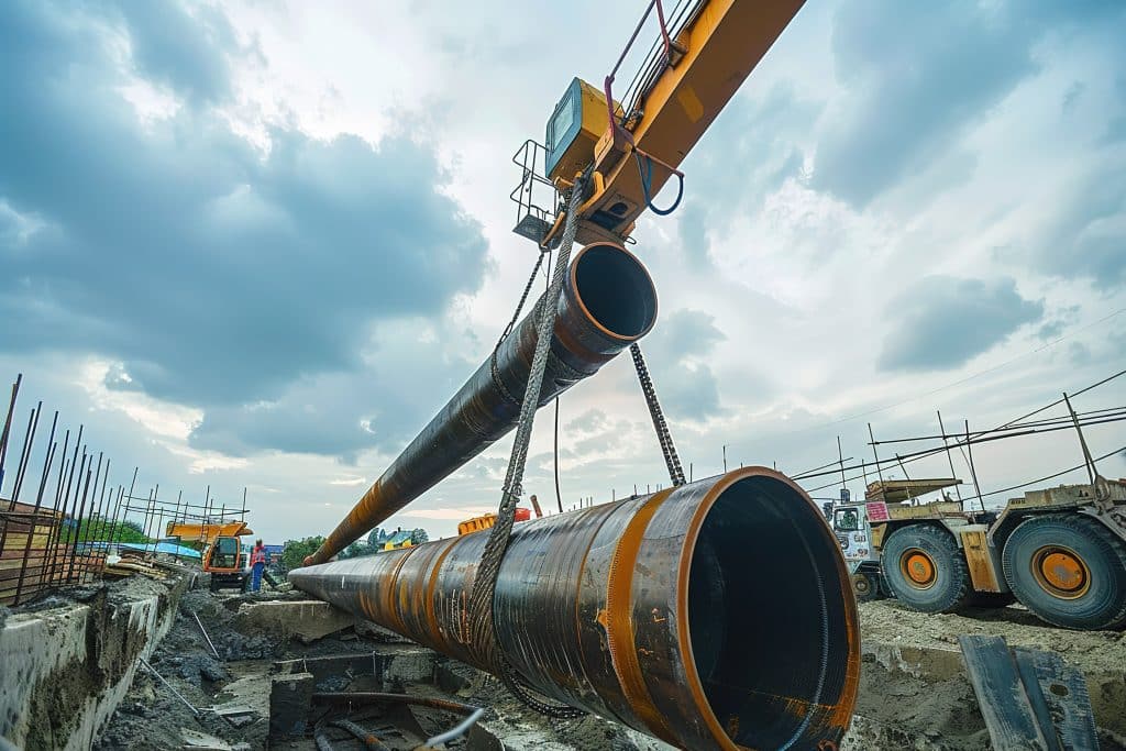 Chimney pipe construction, the crane lifts the pipe segment. Timelapse