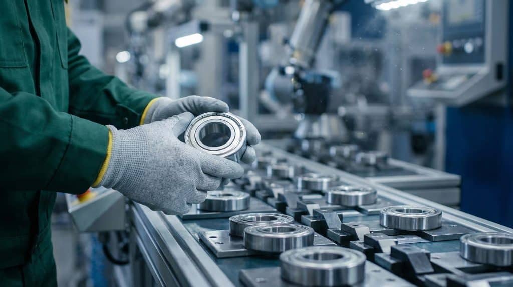 Industrial worker inspects a ball bearing on a factory assembly line. Precision manufacturing and quality control in action