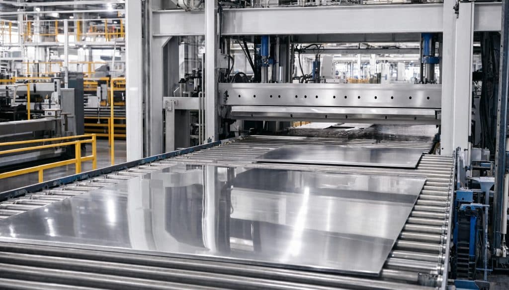 Industrial metal sheet manufacturing line with conveyor rollers and heavy machinery in a large factory setting for steel production processes