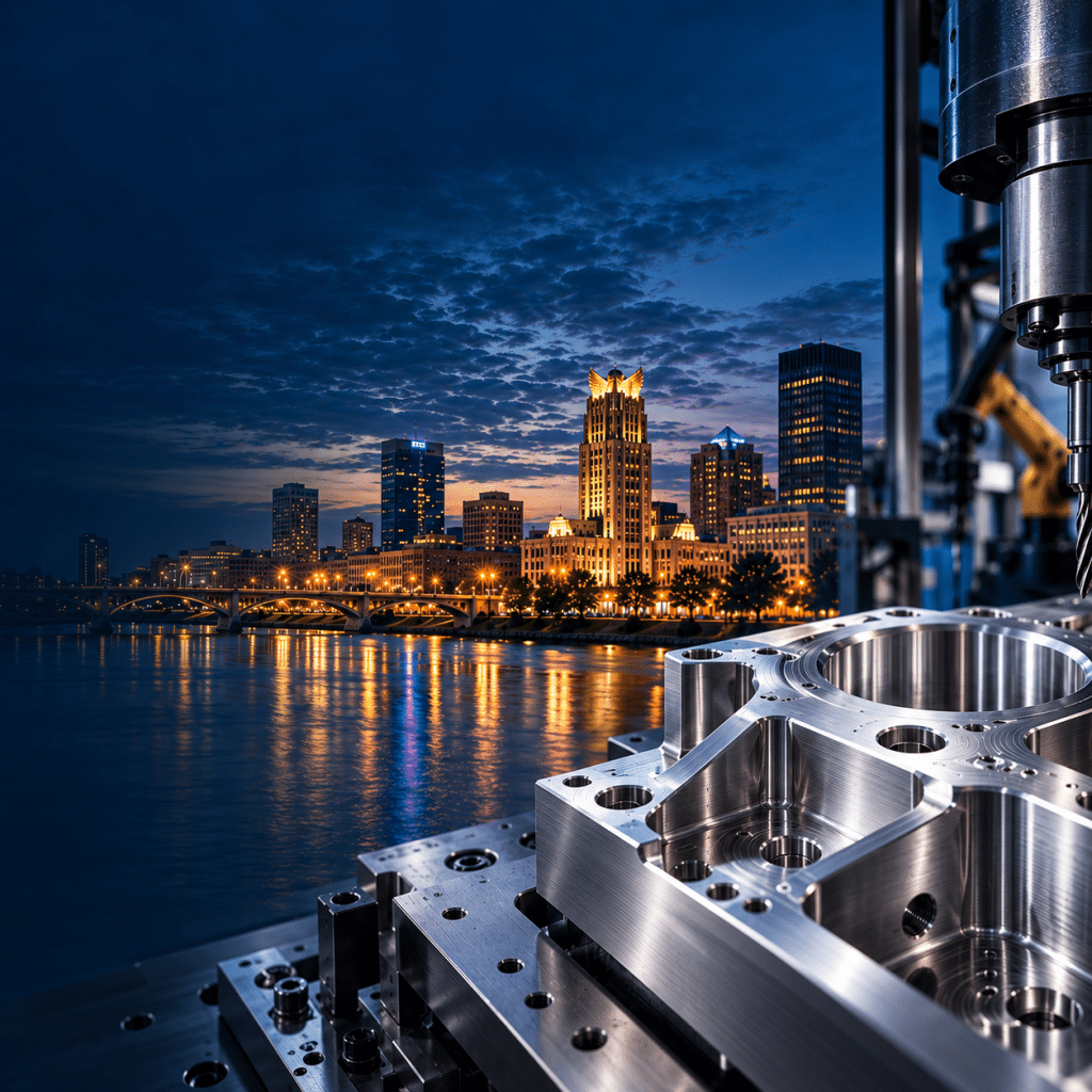 rochester skyline with cnc part in foreground